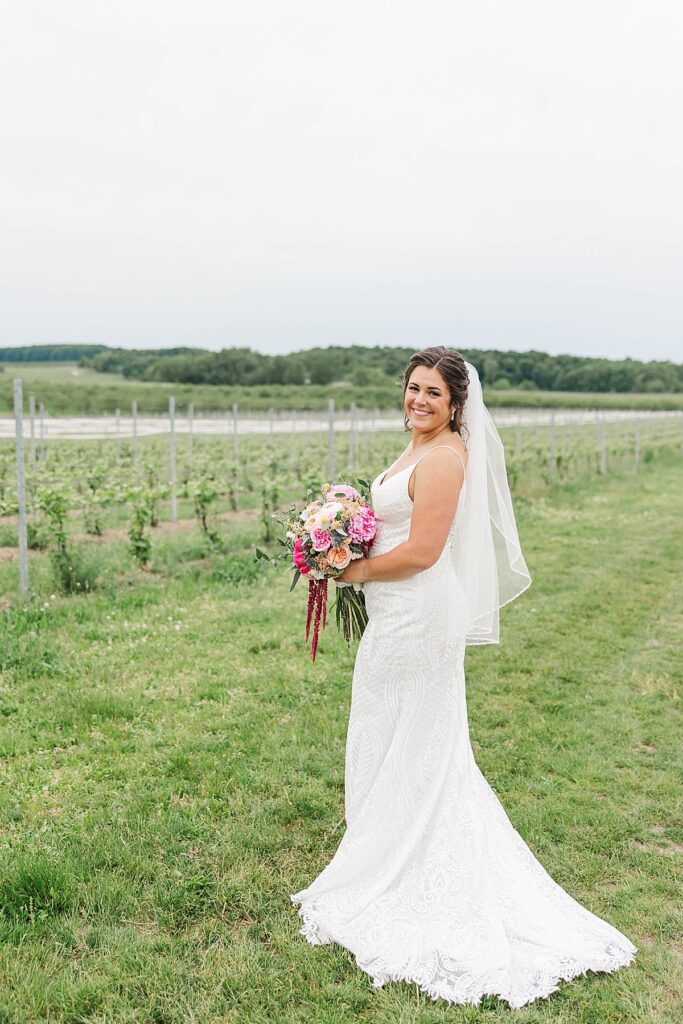 Elegant bridal portrait with soft light and romantic florals