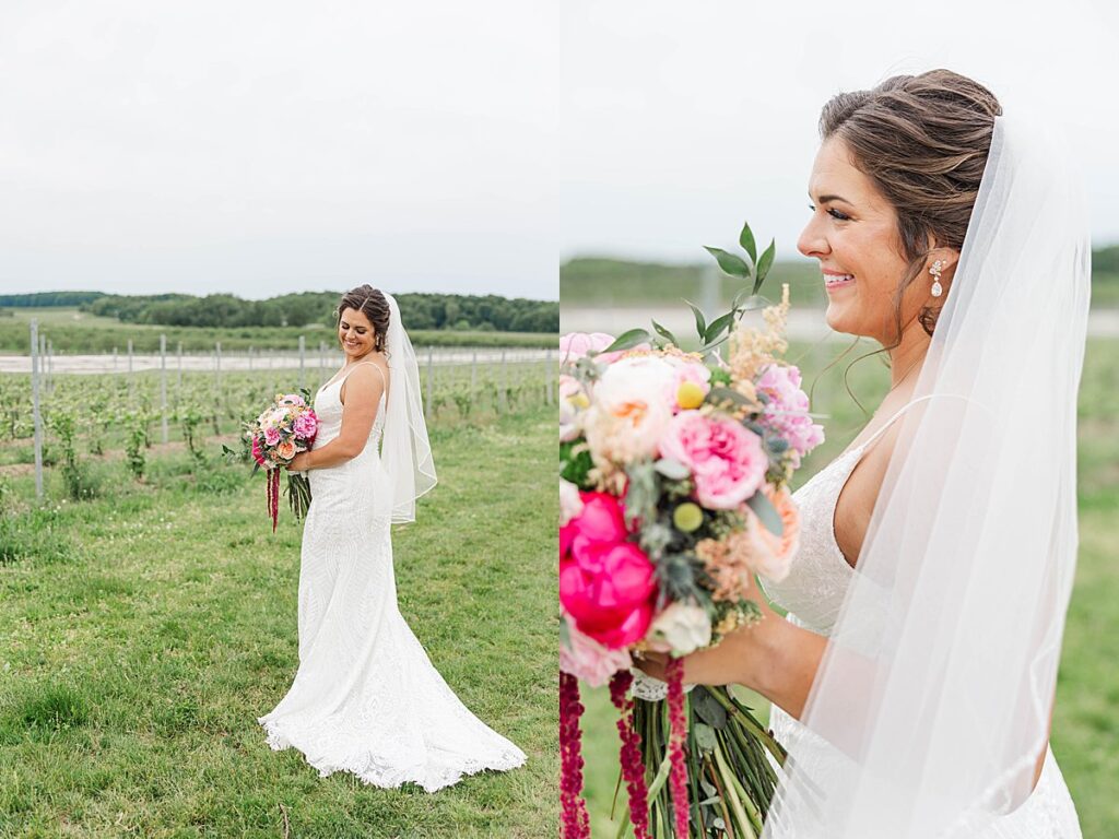 Bride portrait highlighting natural light and colorful florals before the ceremony
