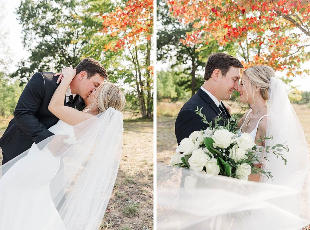Bride and groom during their Northern Michigan fall wedding