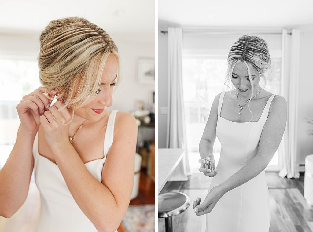 Bride getting ready on her wedding morning surrounded by family
