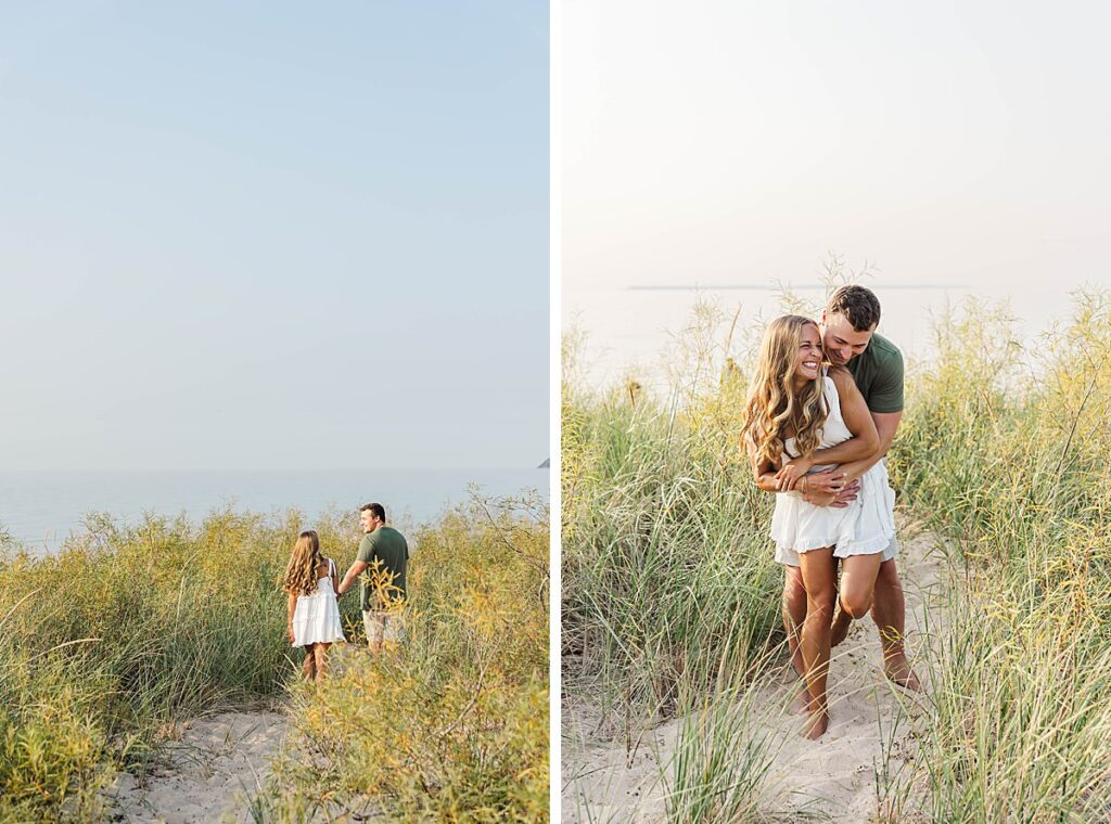 Northern Michigan engagement photos of a couple laughing together at the beach