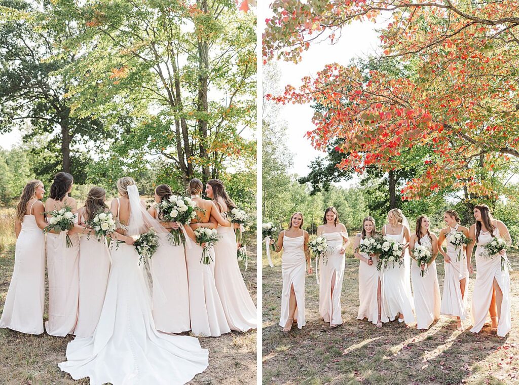 Bridal party wearing champagne dresses during wedding portraits
