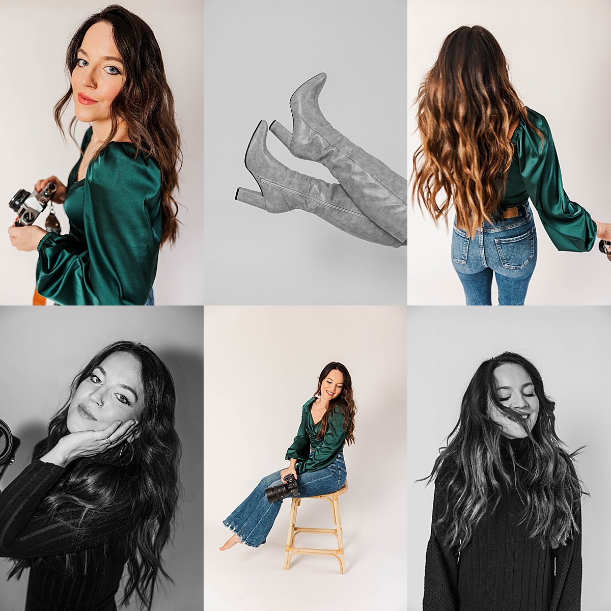 Editorial and playful branding photo of photographer Cheleana Rowan, captured in a Traverse City, Michigan studio. This session highlights modern, creative headshots perfect for personal branding and photography business marketing.