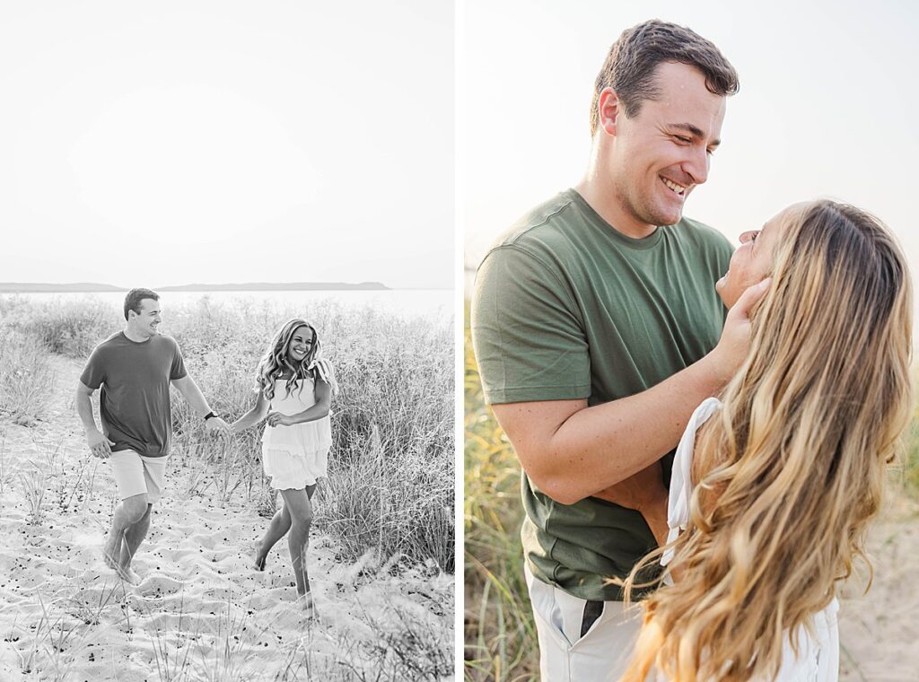 Romantic Northern Michigan engagement photos of a couple walking along the shoreline