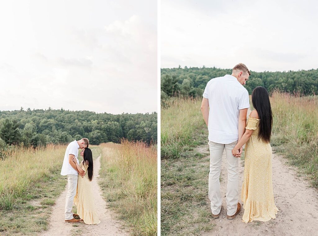 Engagement session in Northern Michigan featuring a couple in a peaceful natural setting.