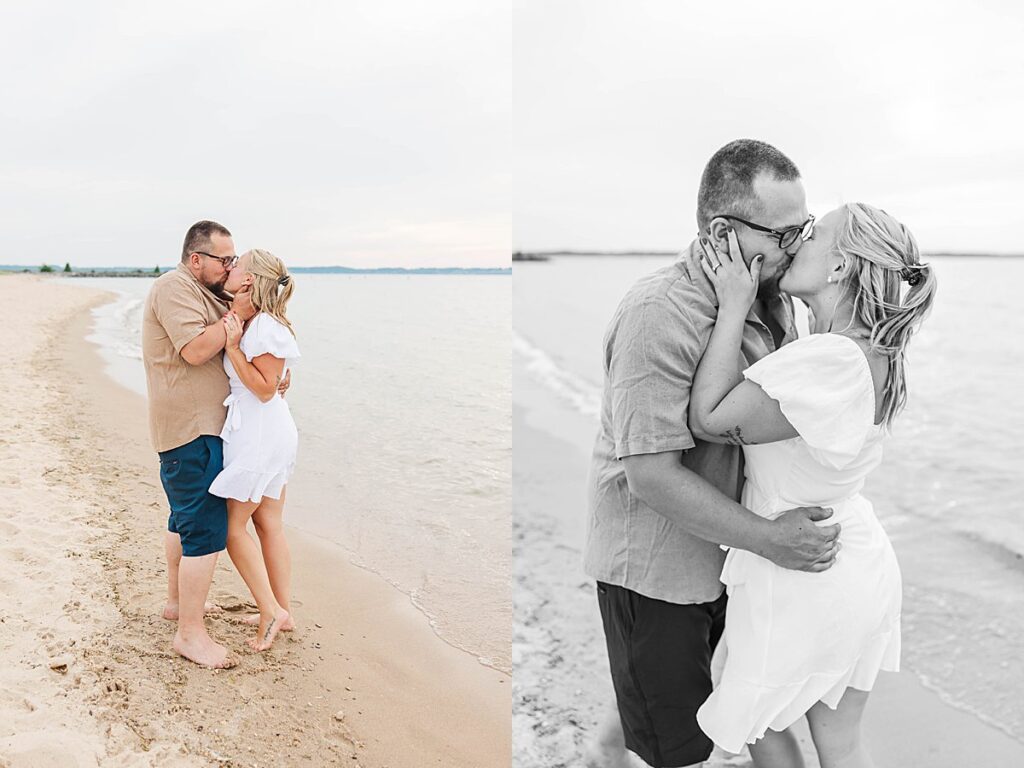 Playful Lake Michigan shoreline engagement portraits in Elk Rapids