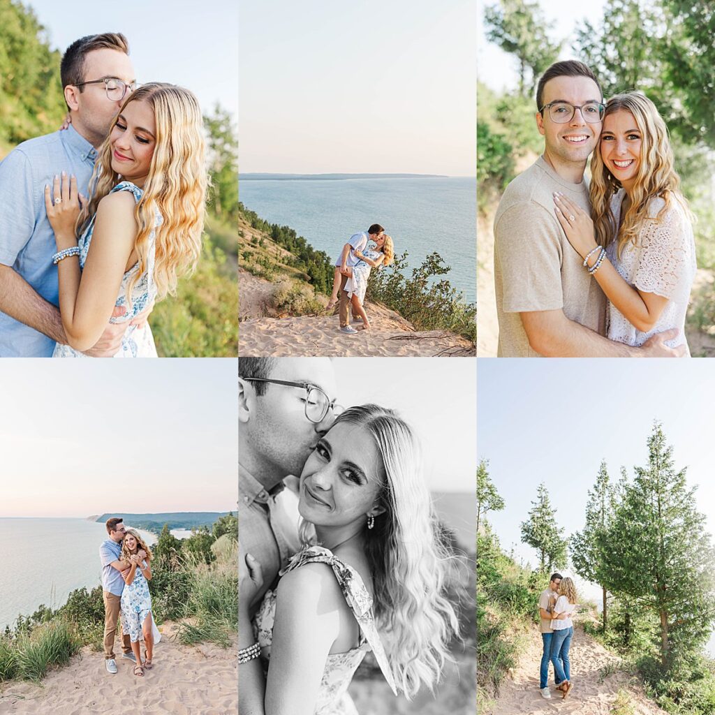 Empire Bluff engagement photos of a couple overlooking Lake Michigan during golden hour
