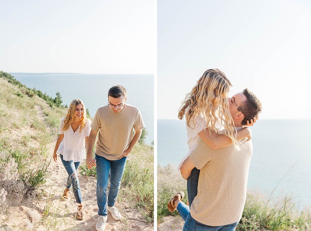 Candid engagement photos at Empire Bluff Trail