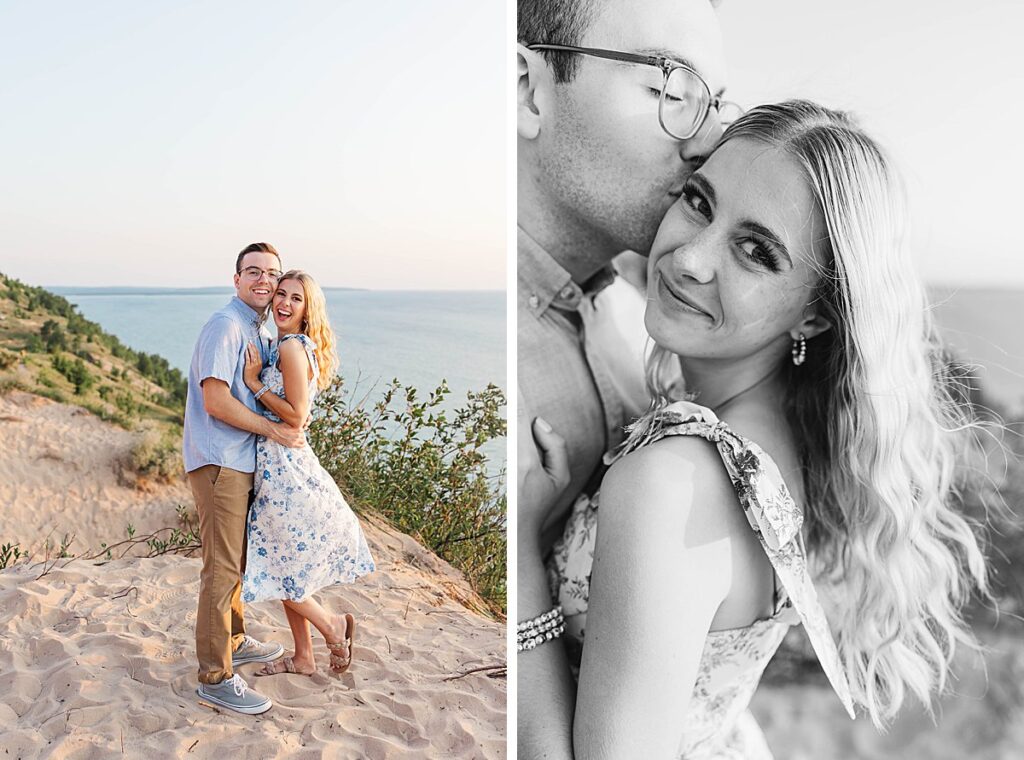 Black and white engagement photo at Empire Bluff Trail