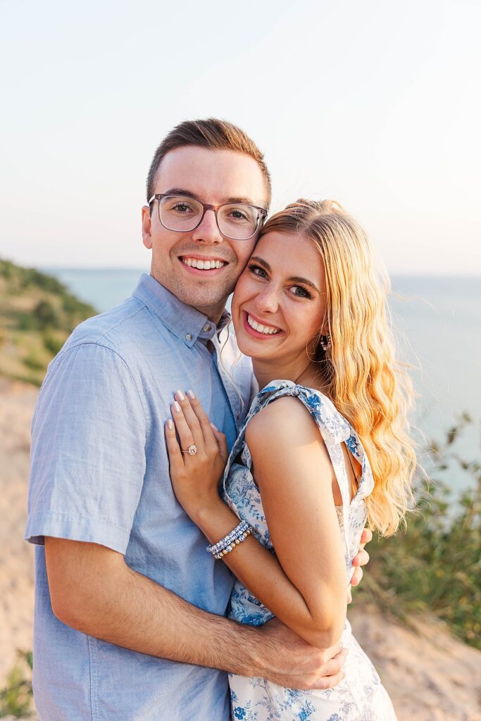 Close-up engagement portrait at Empire Bluff Trail in Northern Michigan