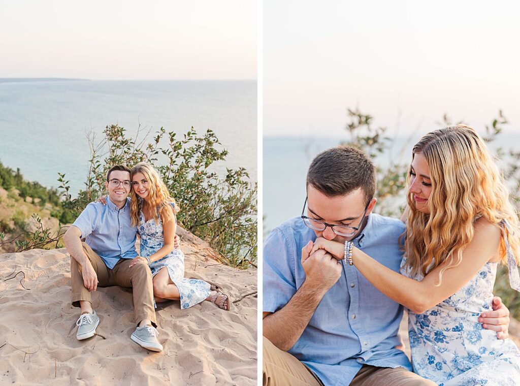 Natural engagement photos at Empire Bluff in Northern Michigan