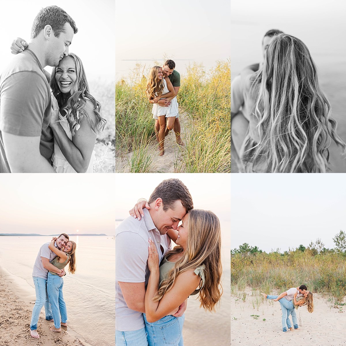 Wyatt and Alicia’s Northern Michigan beach engagement session at Good Harbor Beach near Traverse City, MI. Captured on the sandy shores of Lake Michigan, their sunset engagement photos showcase the natural beauty of this stunning beach location, perfect for couples looking for romantic and scenic engagement photos in Northern Michigan.