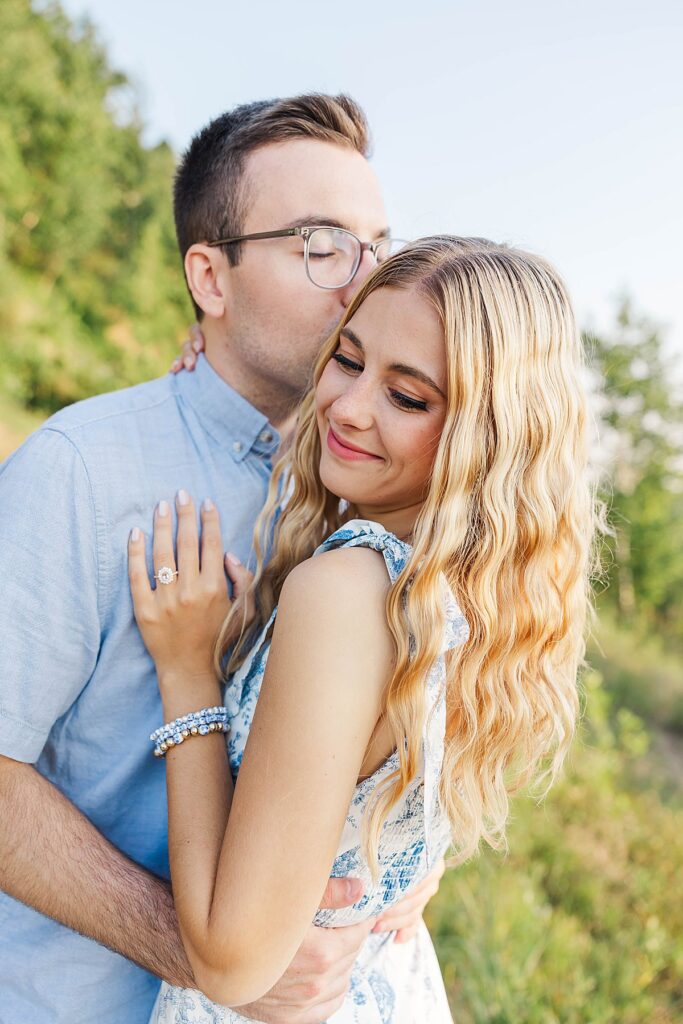 Close-up engagement portrait at Empire Bluff Trail in Northern Michigan