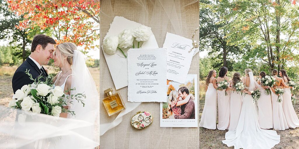 Highlights from a Mill Pond Event Center wedding in Northern Michigan, featuring fall florals, wedding details, and the bride with her bridesmaids