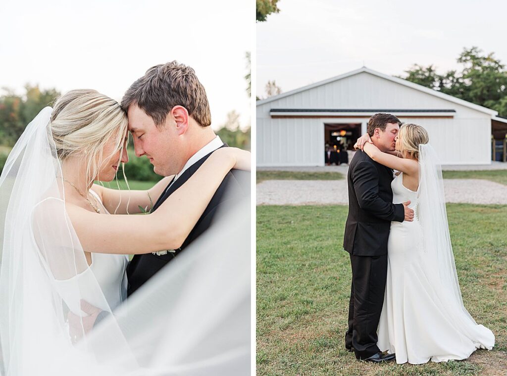 Bride and groom embracing during their wedding portraits