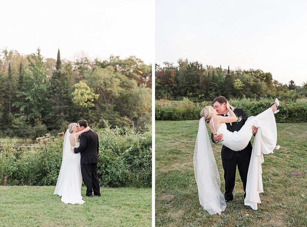Bride and groom embracing during their wedding portraits