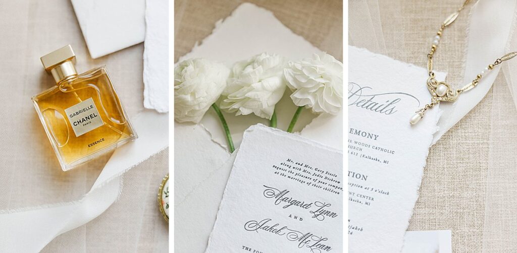 Wedding rings photographed with elegant wedding day details