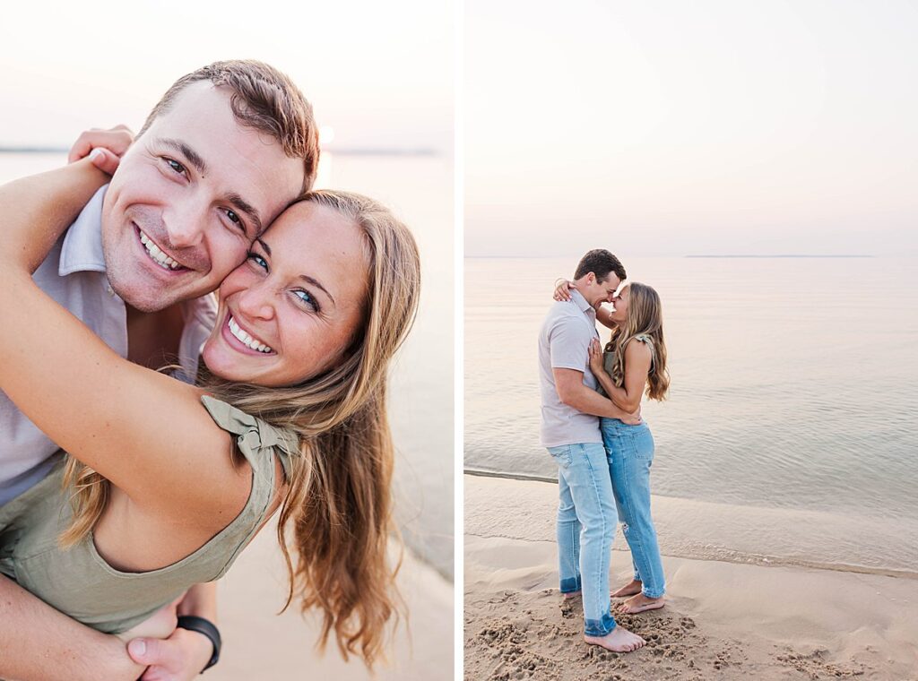 Candid Northern Michigan beach engagement photos capturing a joyful couple by the water