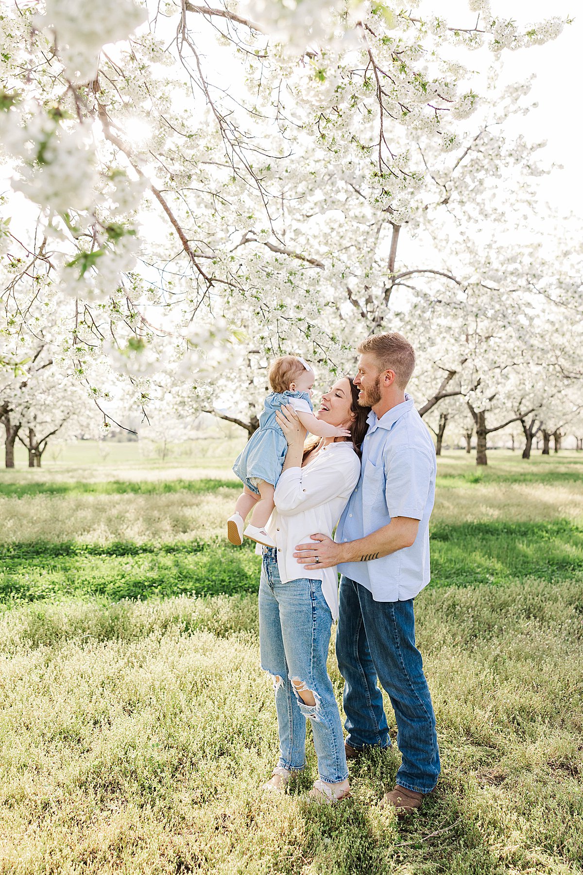 Family of three standing together in a Northern Michigan cherry blossom orchard during spring
