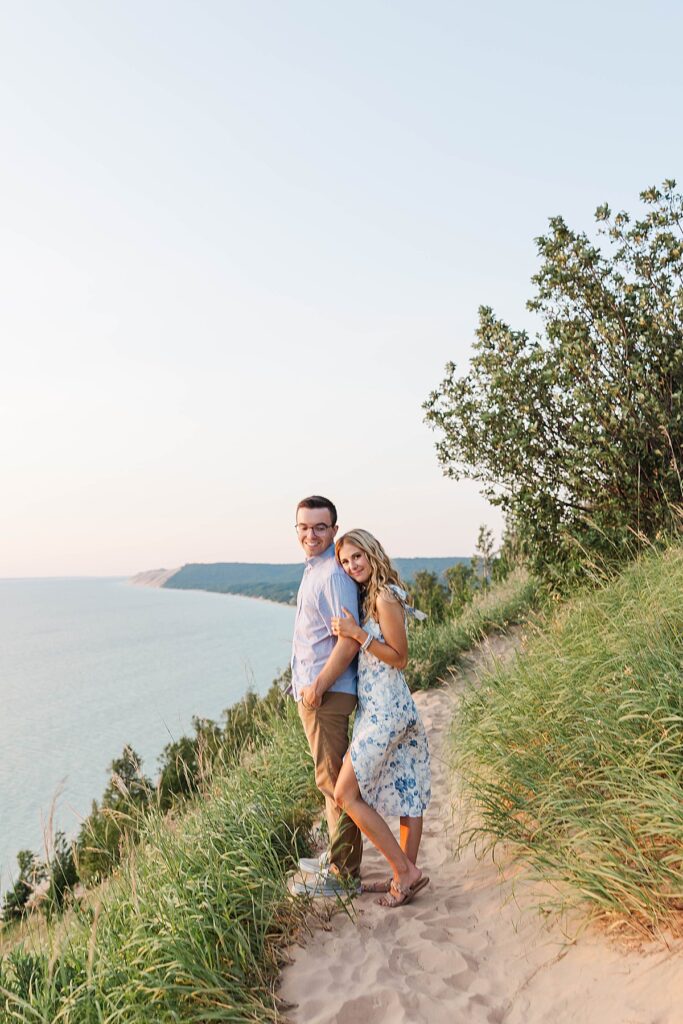 Lake Michigan overlook engagement photos at Empire Bluff