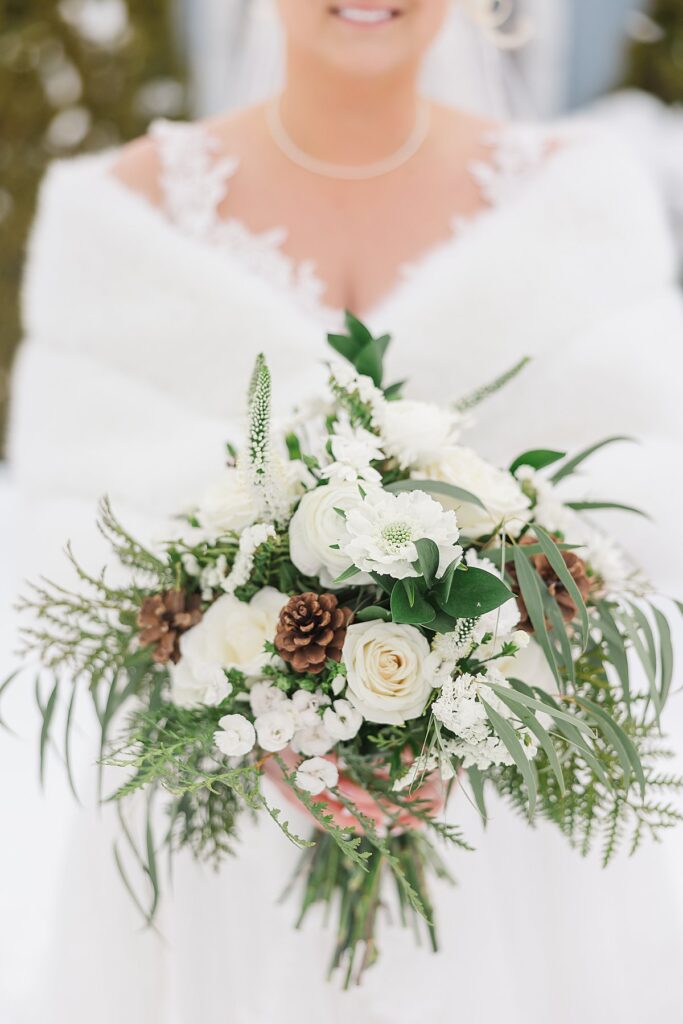 Bridal details with pearl accents for a Northern Michigan winter wedding