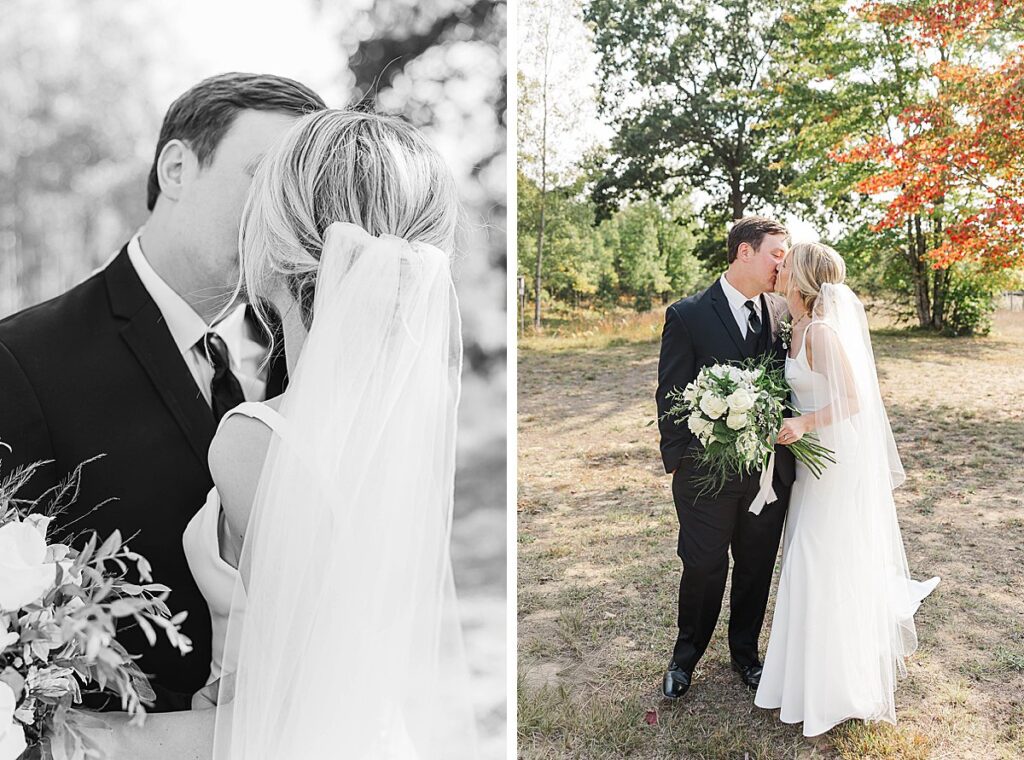 Bride and groom walking together during wedding portraits