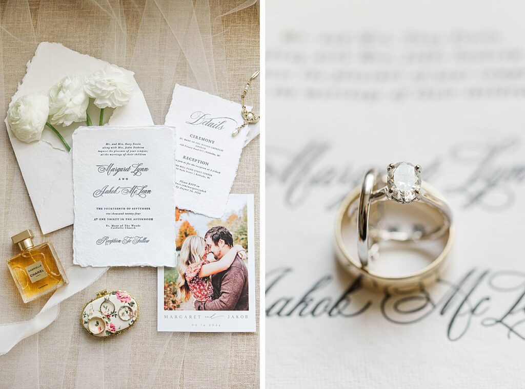 Wedding invitation and detail flat lay with soft, romantic styling.