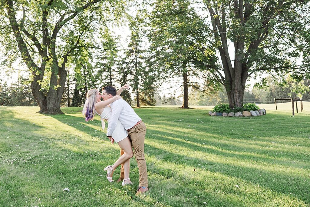 Editorial-style engagement photos captured on a Michigan family property