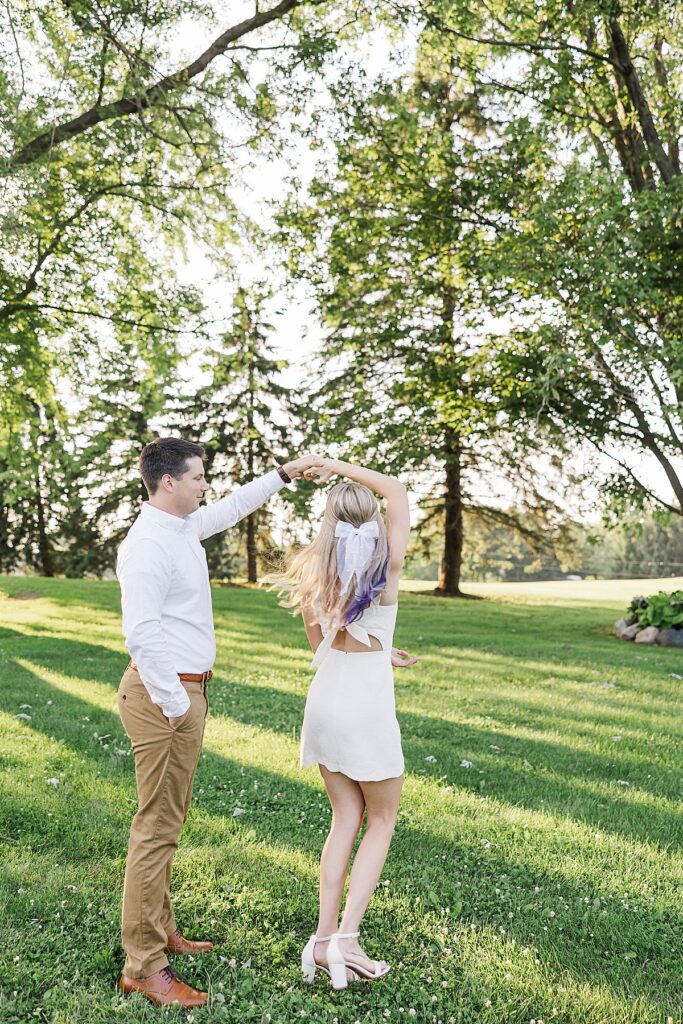 Elegant couple portraits during a Michigan engagement session on private land