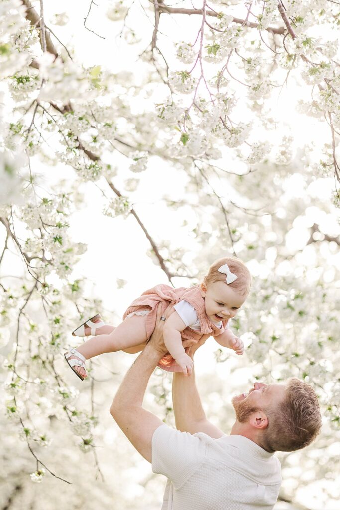 One-year-old girl surrounded by cherry blossoms in Northern Michigan