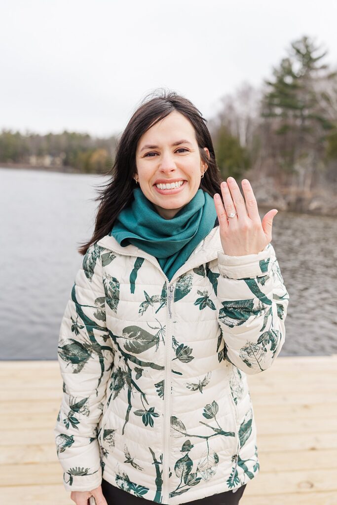 Engagement ring revealed during a proposal at Boardman Lake Trail