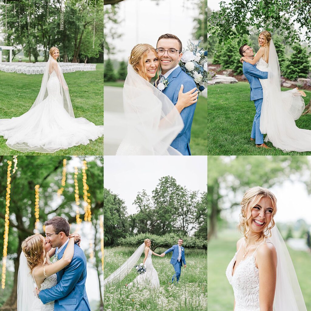 Romantic wedding portraits captured by a Grand Rapids area wedding photographer, featuring a joyful bride and groom in a lush outdoor setting
