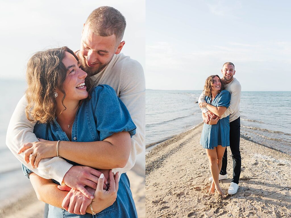Candid reaction during an Elk Rapids beach proposal in Northern Michigan