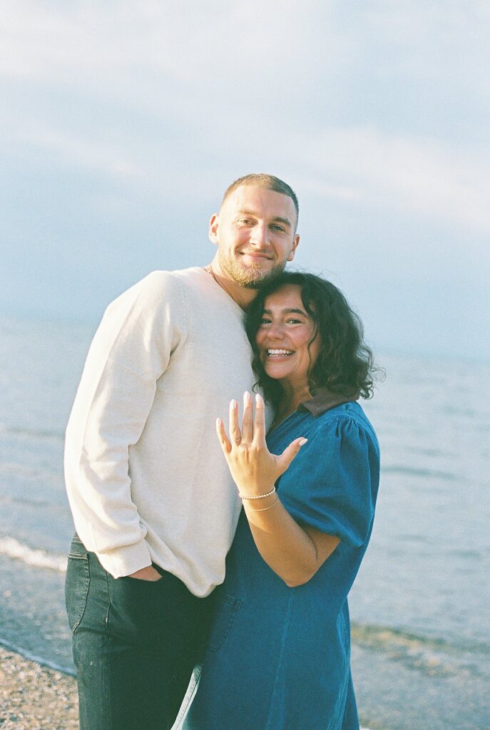Authentic film photo of a newly engaged couple in Northern Michigan