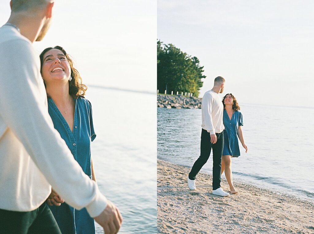 Candid engagement moment captured on film during an Elk Rapids proposal