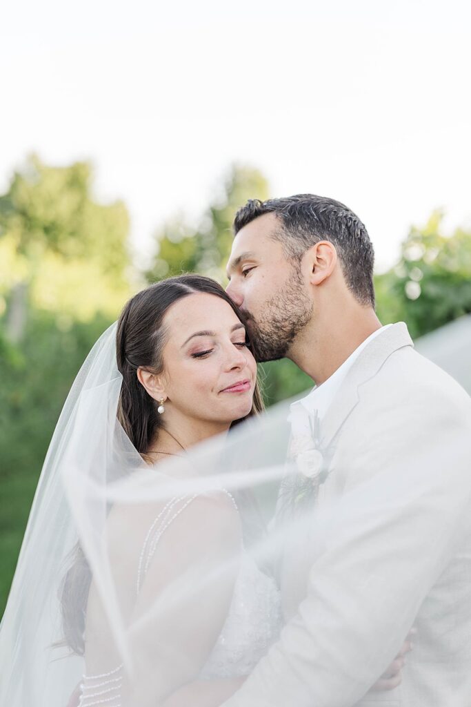 Romantic vineyard portrait of couple with veil at Bayview Weddings at Gallagher Farms