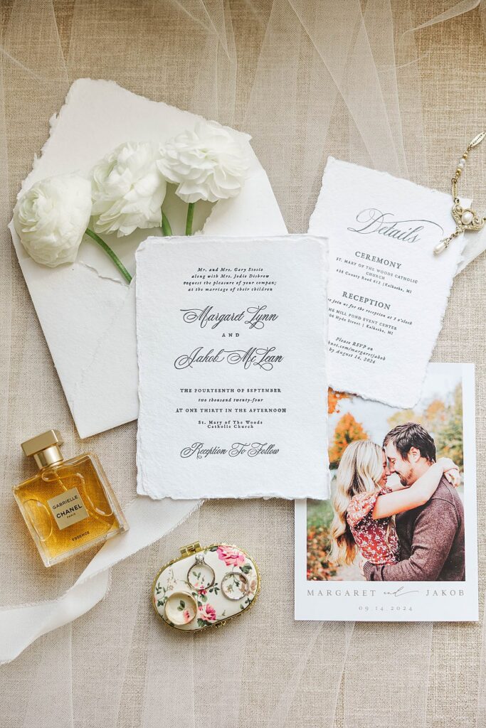 Romantic estate wedding invitation suite with heirloom details and florals