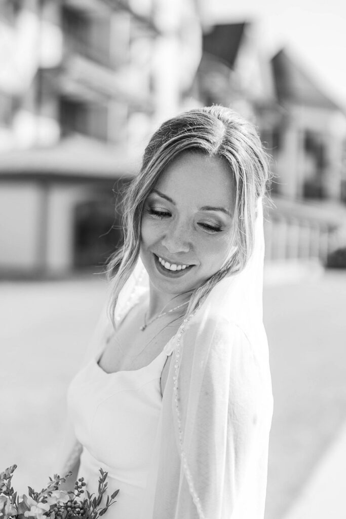 Bride smiling during bridal portraits before her Lavender Hill Farm wedding