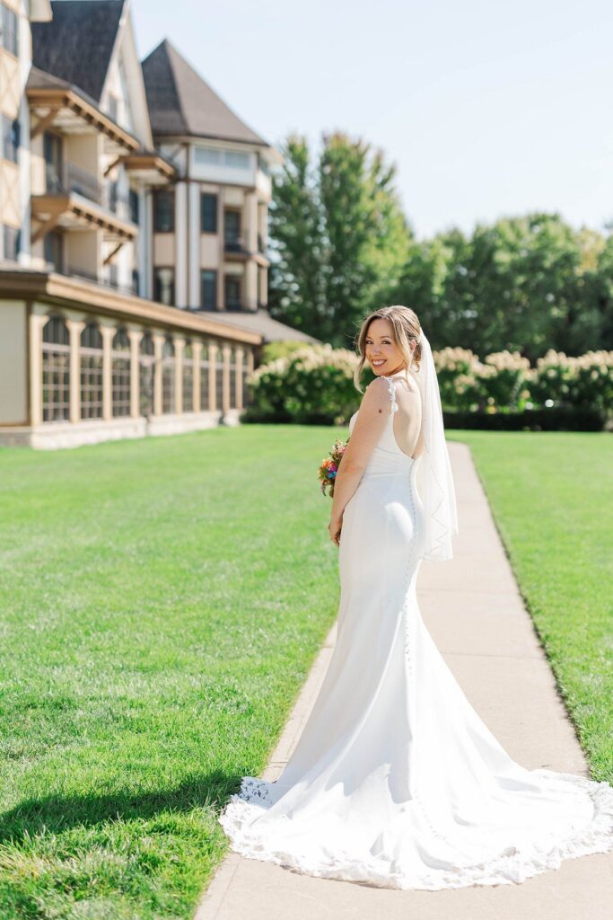 Bridal portrait at Boyne Mountain Resort before a Lavender Hill Farm wedding