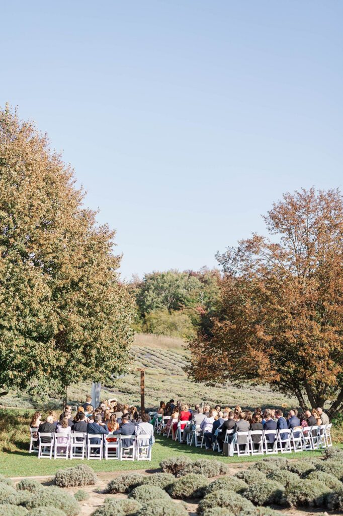 Guests gathered for an outdoor ceremony at Lavender Hill Farm in Northern Michigan