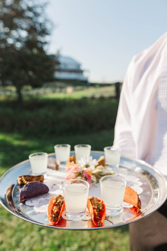 Cocktail hour appetizers served during a Lavender Hill Farm wedding