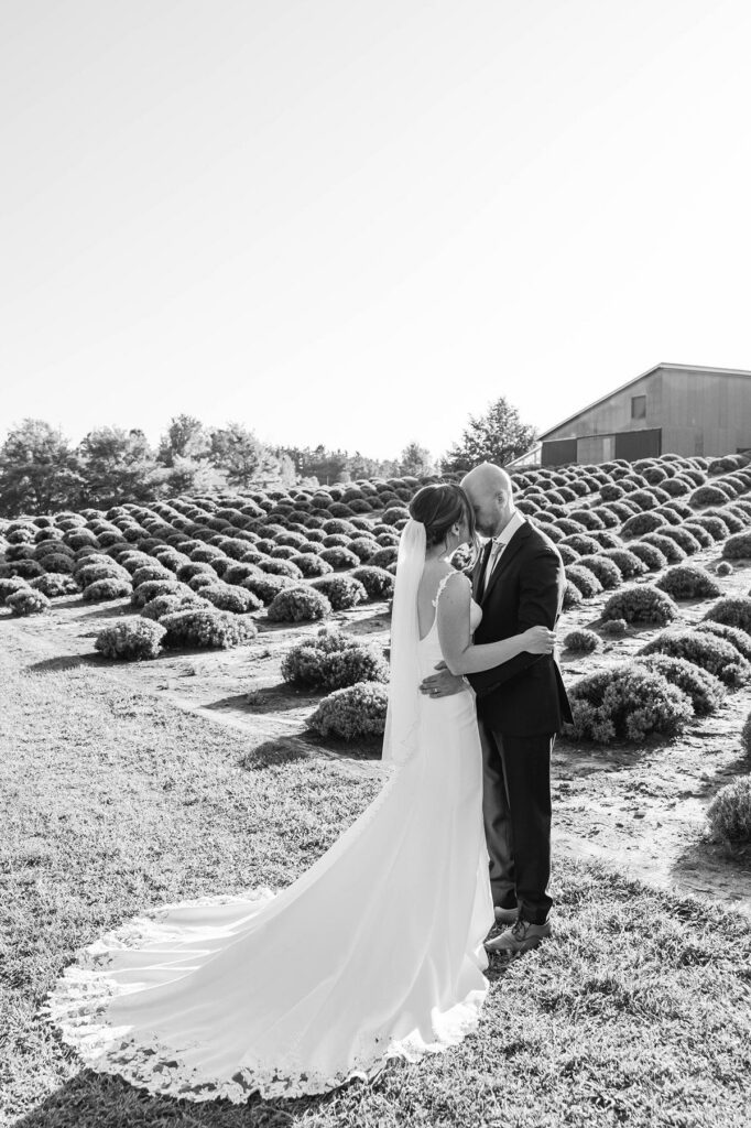 Black and white portrait of the bride and groom kissing after their Lavender Hill Farm wedding ceremony