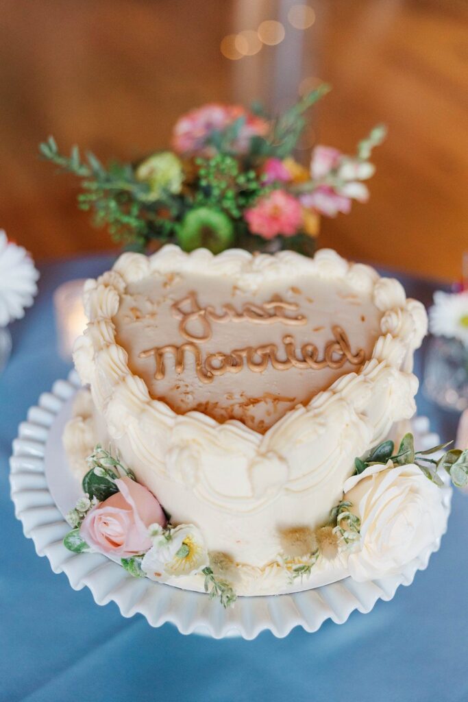 Heart-shaped "Just Married" wedding cake at a Lavender Hill Farm wedding reception