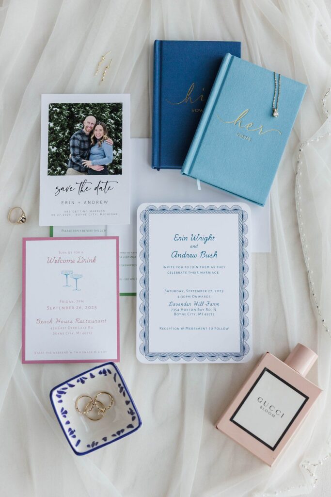 Wedding invitation suite and details for a Lavender Hill Farm wedding in Northern Michigan