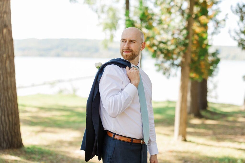 Groom portrait at Deer Lake before his Lavender Hill Farm wedding