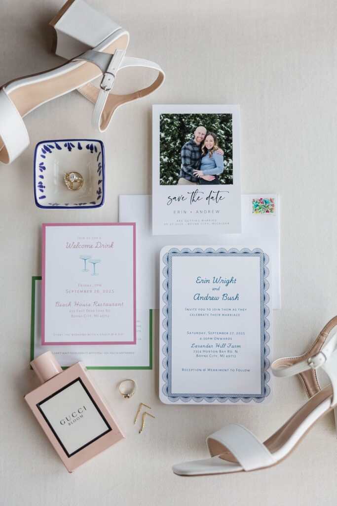 Wedding invitation suite, rings, and bridal details for a Lavender Hill Farm wedding in Northern Michigan