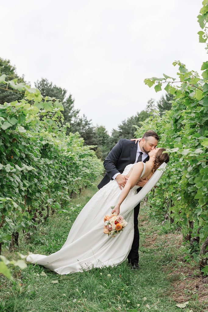 Cole dips Allison for a romantic kiss between the vineyard rows at Black Star Farms during their intimate Northern Michigan wedding.